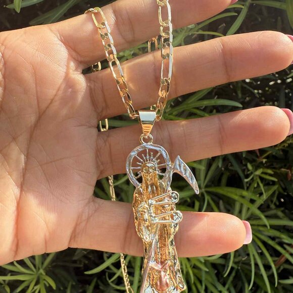 The Grim Reaper Pendant Iced Bling 14K GP Santa Muerte Figaro Link Chain Jewelry - Picture 3 of 5
